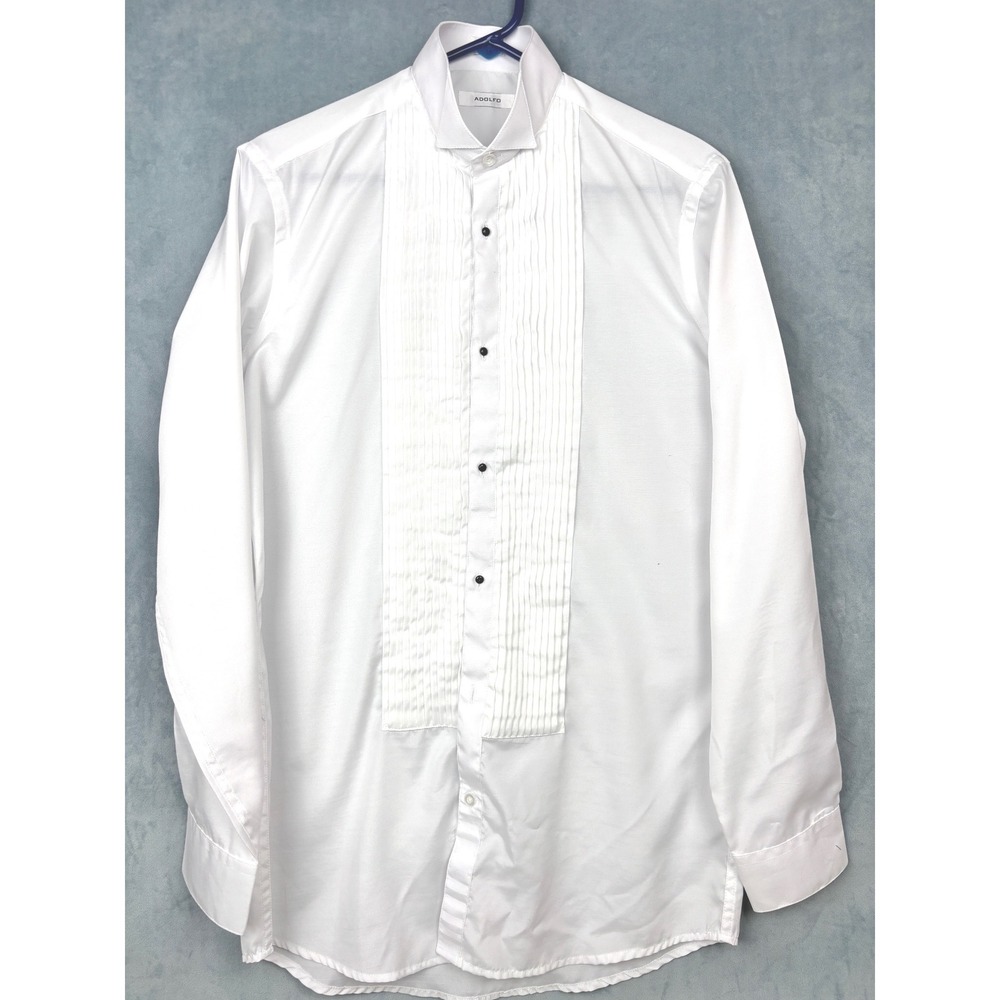 Adolfo Mens White Wing Tip Collar Pleated Bib Front Tuxedo Shirt Size S 14-14.5
